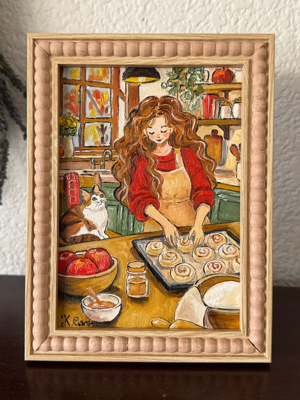 Hand painted oil painting girl cat autumn thanksgiving signed framed 5x7 inches